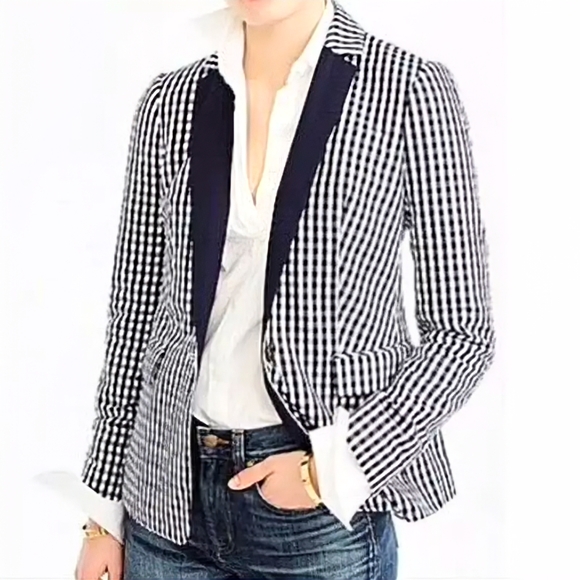 NEW J. CREW Puckered Gingham Blazer Jacket WOMEN'S 8 Navy White Cotton Preppy - Picture 2 of 16